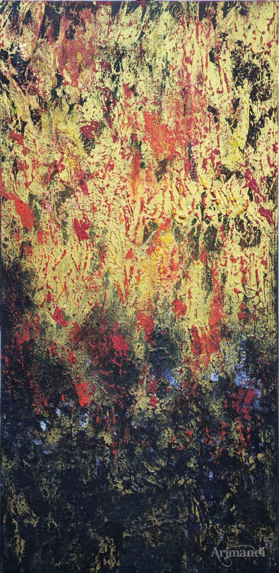 Tall abstraction with burning ochre and scarlet descending into blue-black.
