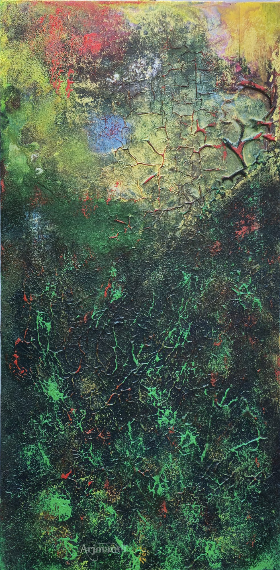Tall green abstraction with dark rooted textures and a luminous yellow-green upper field.