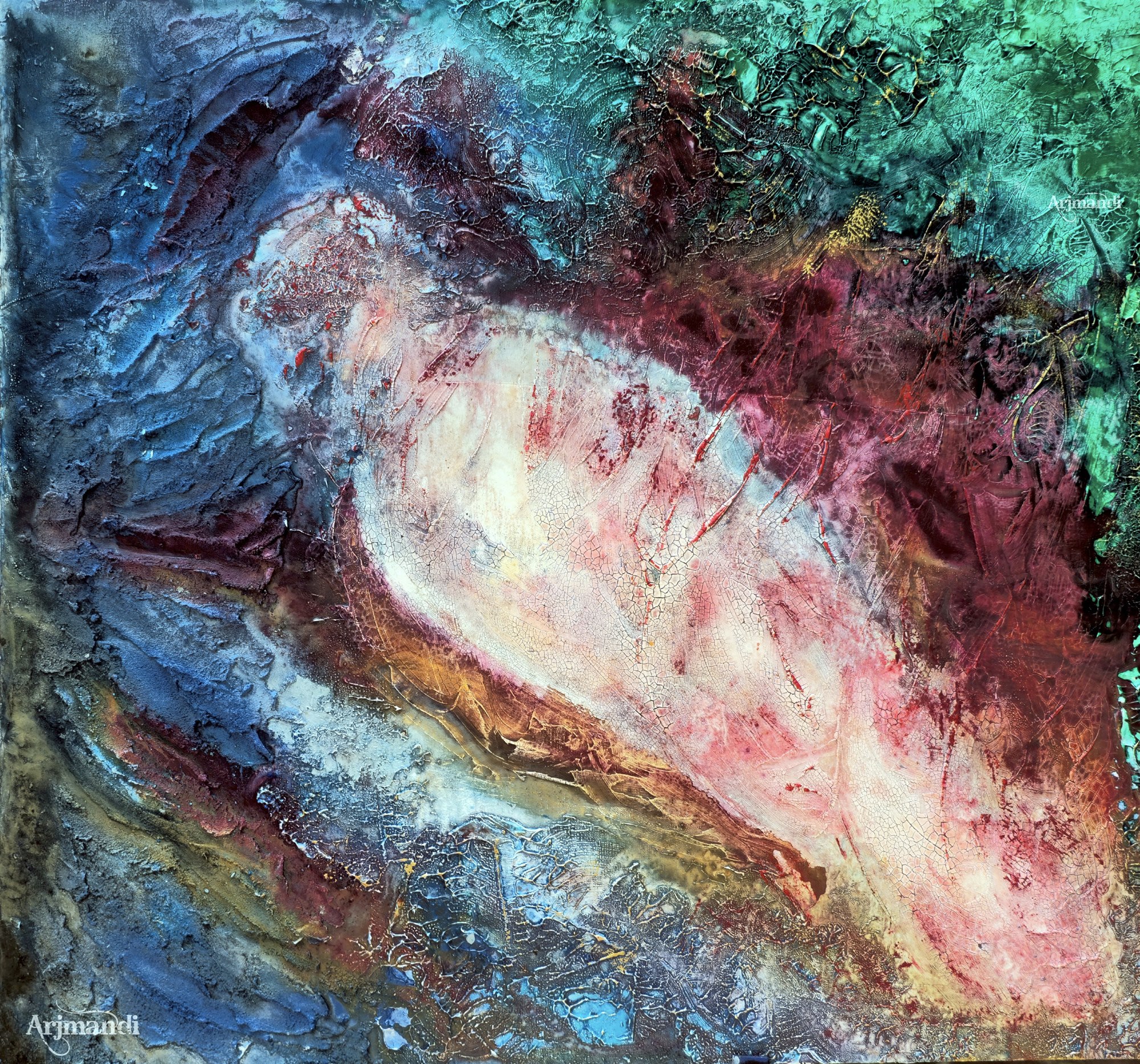 Nearly square abstraction with a pale central form surrounded by fractured passages.