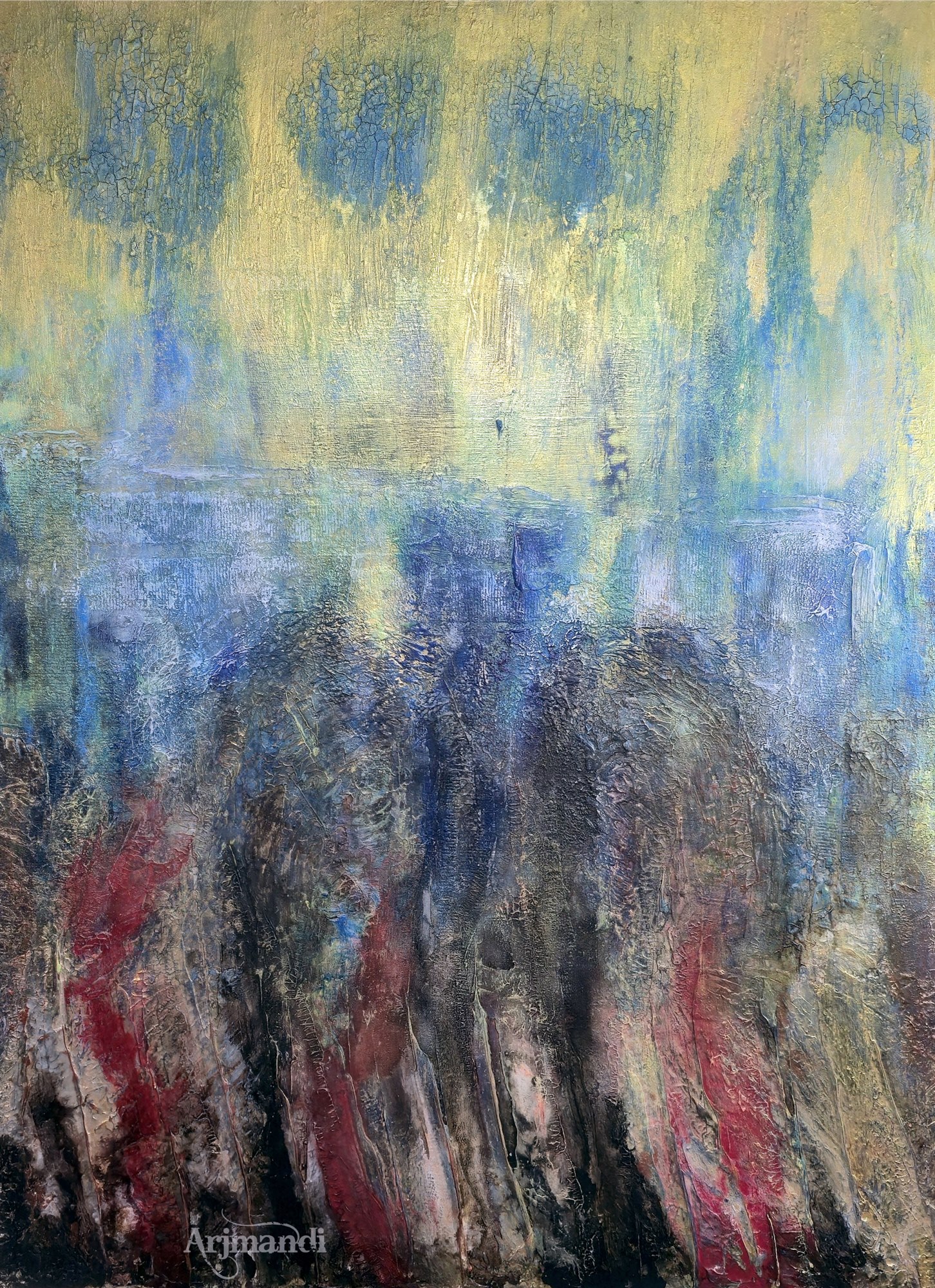 Wide view of the painting: pale gold and blue passages dissolving into dense indigo, black, and crimson.