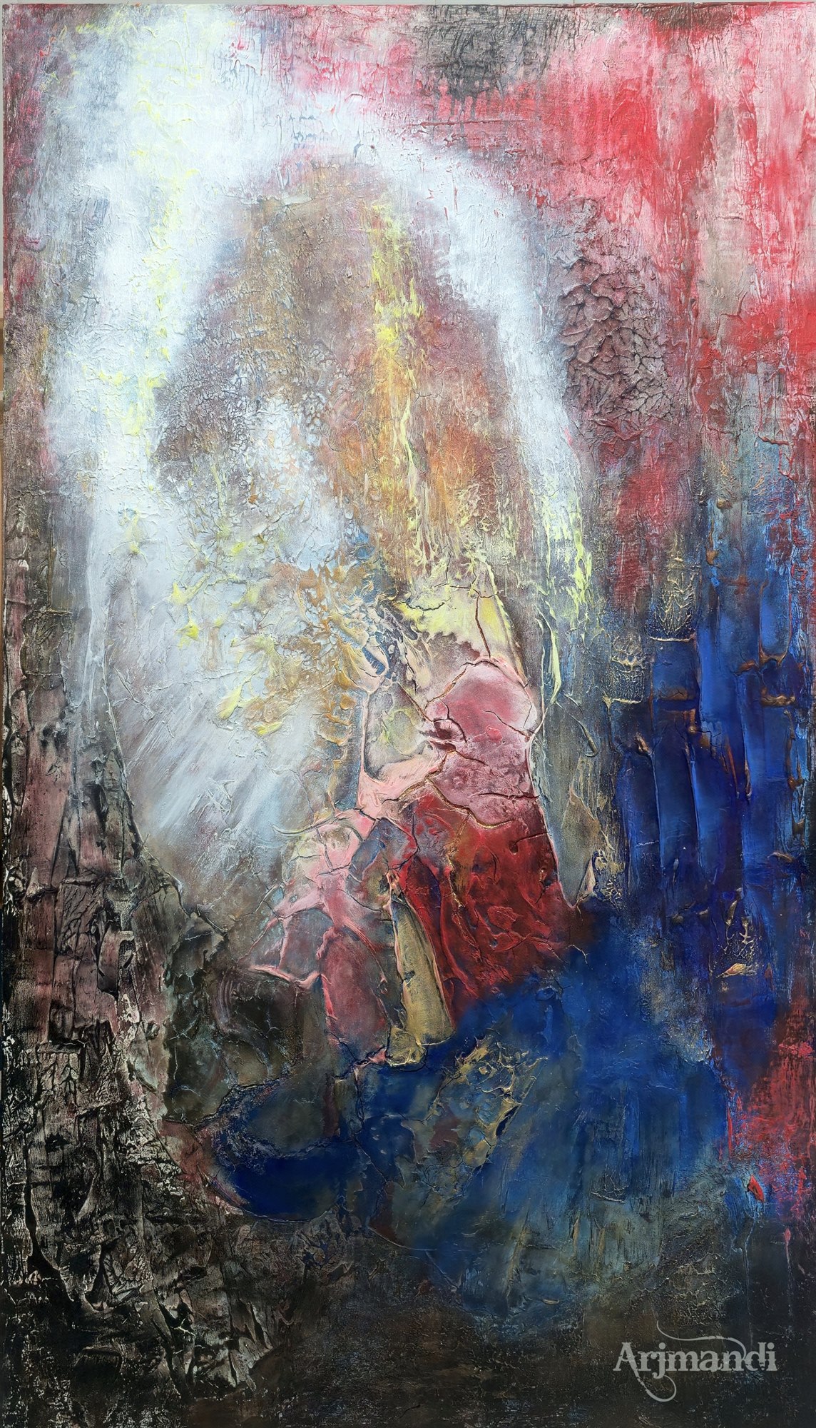 Abstraction with a pale, figure-like form seen from behind within cobalt and crimson fields.